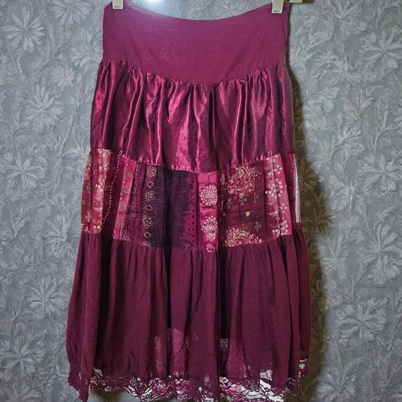 Dolled Up Patchwork Tiered Midi Skirt | Lace Hem | Boho | Size M - Picture 3 of 4